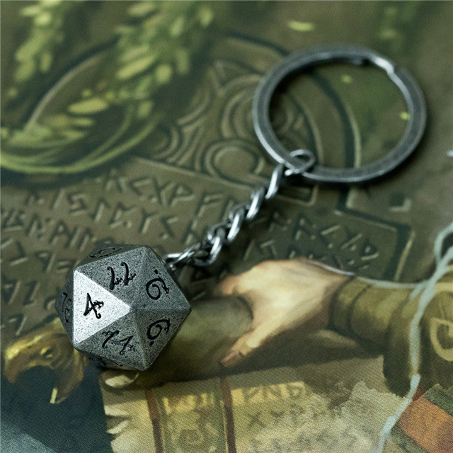 Nickel D20 Keychain Featuring Metal Dragon Font d20