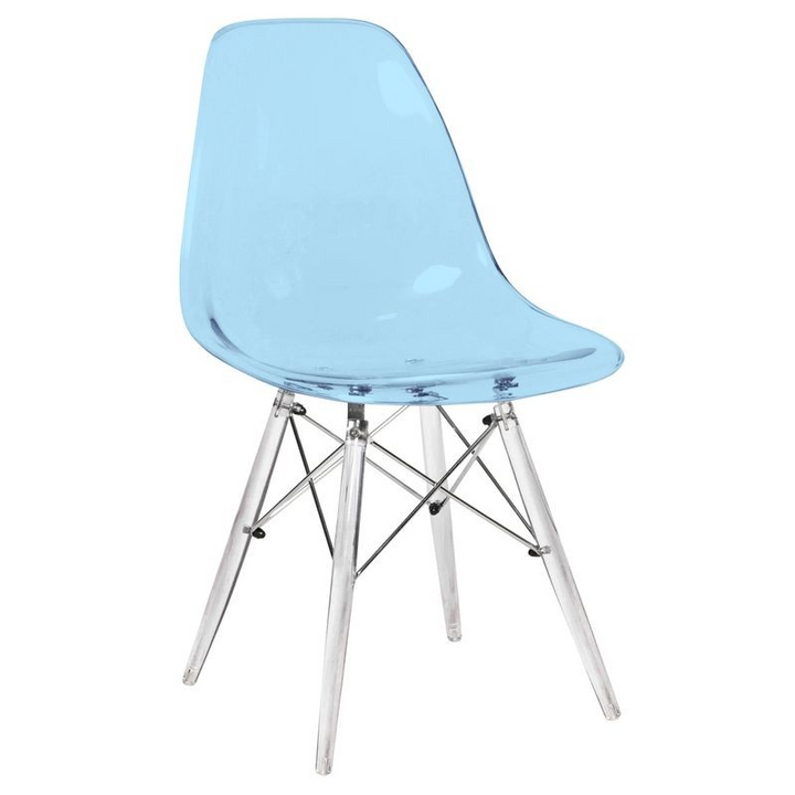 LeisureMod Dover Molded Side Chair with Acrylic Base Transparent Blue