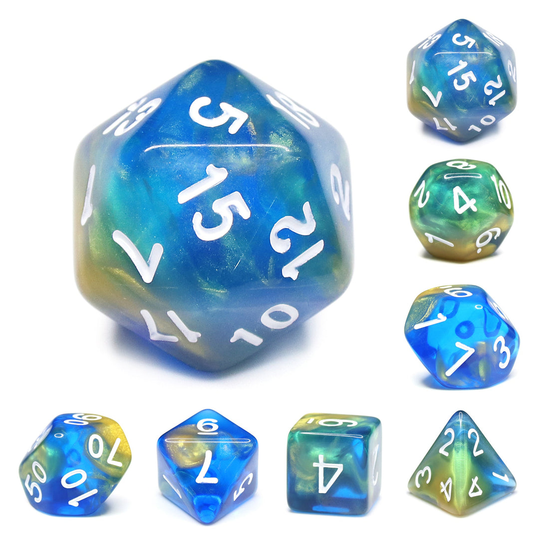 Starry Night Glitter Blue with White Numbering 7-Dice Set RPG