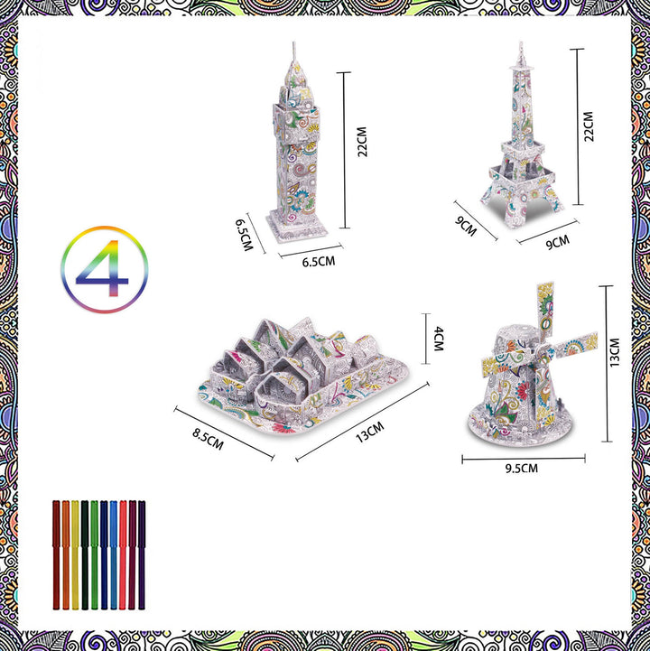 Colorful 3D puzzle models with dimensions and a pen set on a white background.