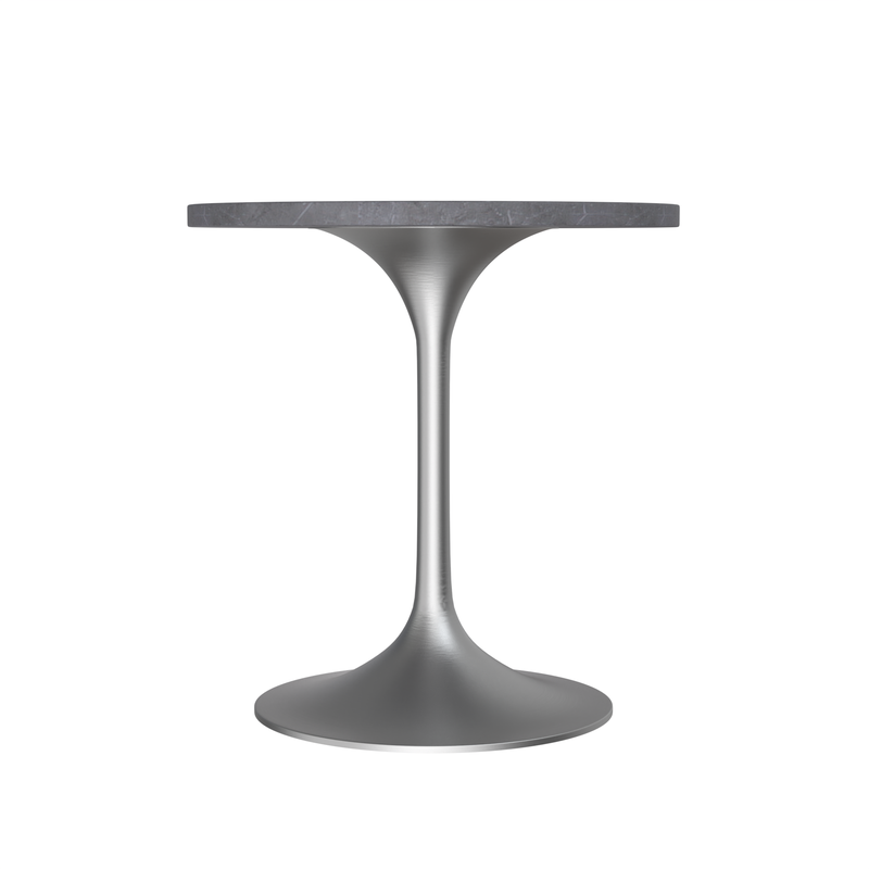 LeisureMod Verve Collection 27 Round Dining Table, Brushed Chrome Base with Sintered Stone Grey Top Side View.