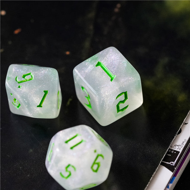 Glitter Party White Glitter Dice (Green font) 7-Dice Set RPG DND