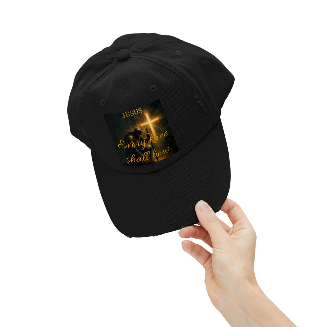 Jesus Cross Distressed Cap — "Every Knee Shall Bow" Christian Hat