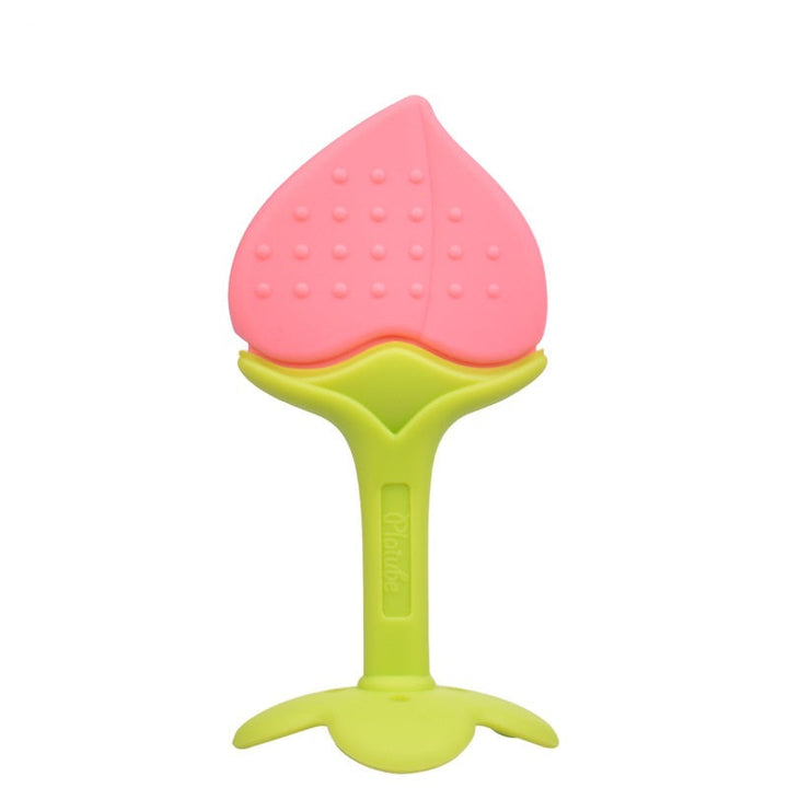 Pink and green silicone teething toy on a white background.