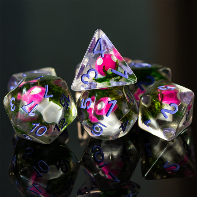 Pink Mushroom Dice Clear Green Vine w/Lavender Numbers 7-Dice Set Rpg
