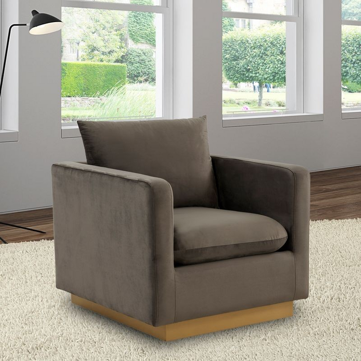 LeisureMod Nervo Velvet Accent Armchair with Gold Frame Dark Grey with Background.