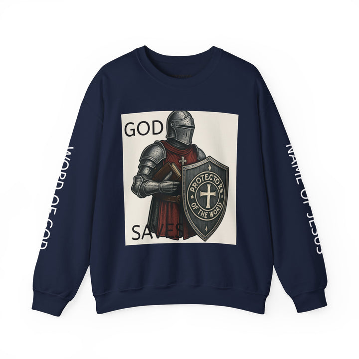 Knight Shield Crewneck Sweatshirt — "Protectors of the Word" Christian Armor Design