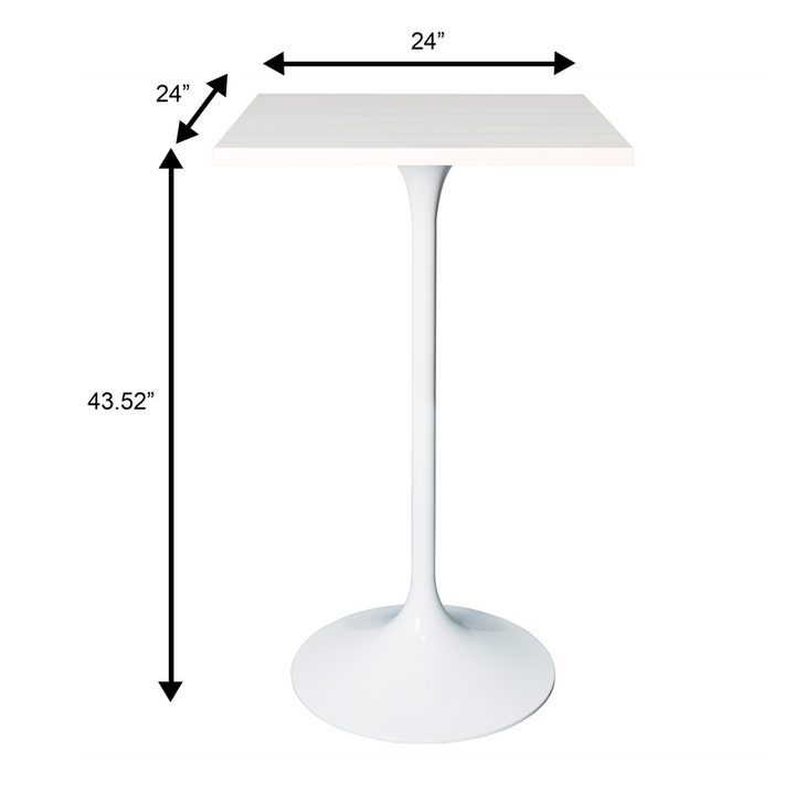 LeisureMod Verve Collection 24 Square Top Bar Height Table, White Base with Light Natural Wood MDF Top Dimensions.