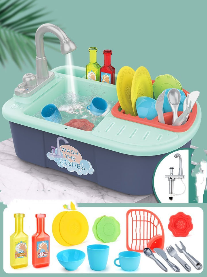 Toy kitchen sink set with utensils and bottles on a light blue background.