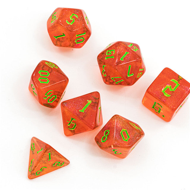 Strawberry Red Glitter Party Glitter Dice (Green font) 7-Dice Set RPG DND