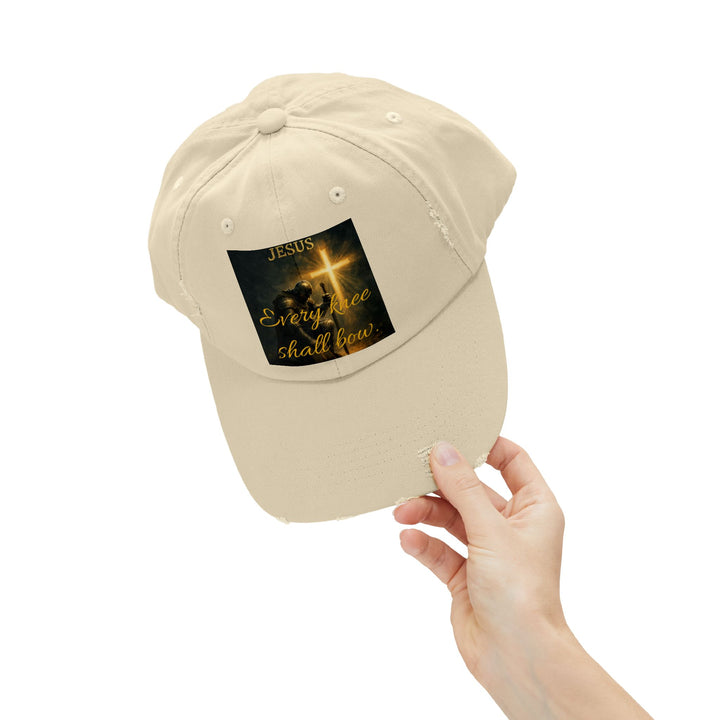 Jesus Cross Distressed Cap — "Every Knee Shall Bow" Christian Hat