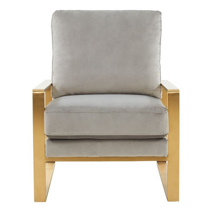 LeisureMod Jefferson Velvet Design Accent Armchair with Gold Brass Finish Frame Light Gray Front