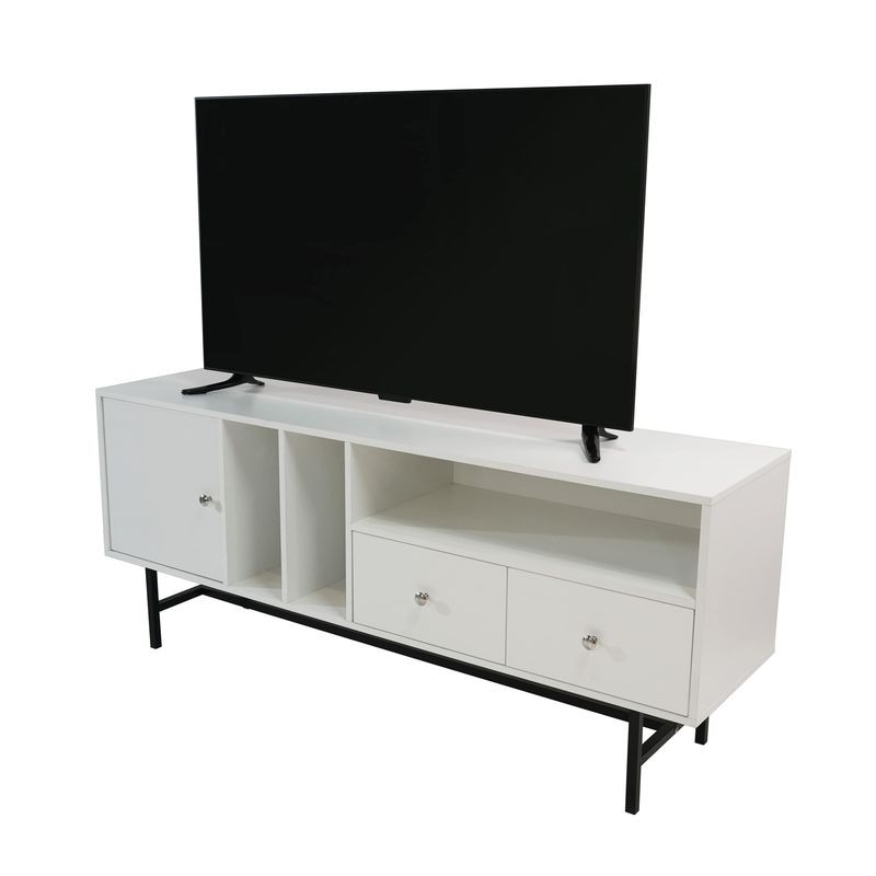 LeisureMod Rochester Modern Rectangular TV Stand with Enclosed Storage and Powder Coated Iron Legs White Angled View.