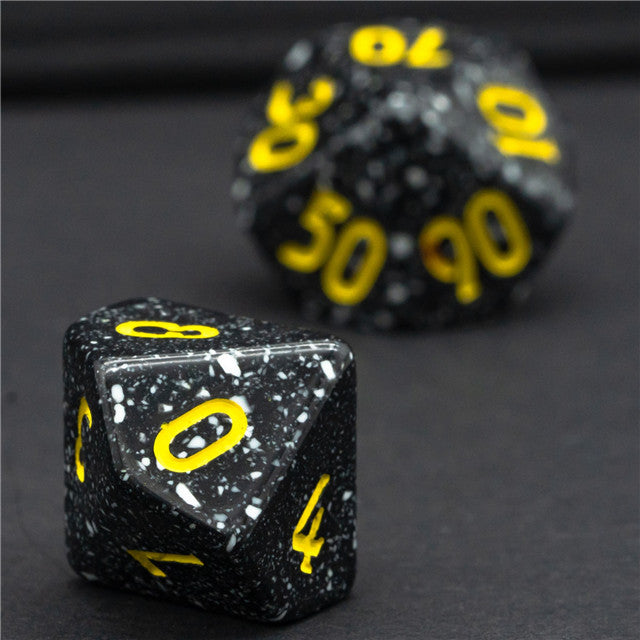 Freckled Black-&-White Homage 7-Dice Set w/Yellow Numbers Minimalist
