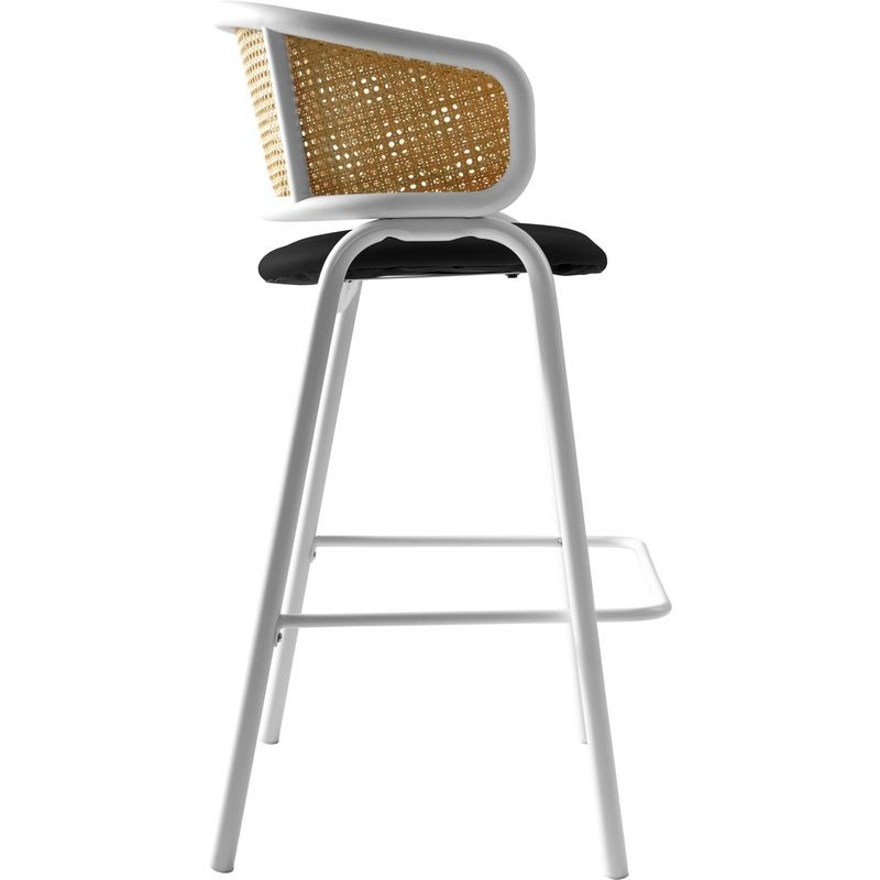 LeisureMod Ervilla Wicker Bar Stool with Fabric Seat and White Steel Frame in Black Leather Closeup. Side View.
