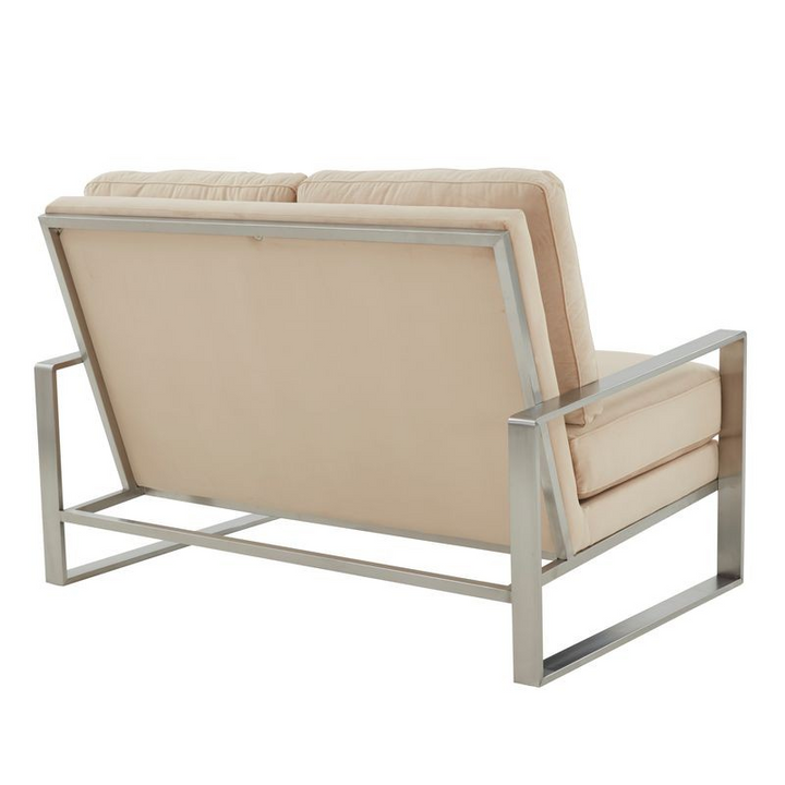 Leisuremod Jefferson Contemporary Modern Velvet Loveseat with Silver Frame Beige Back View.