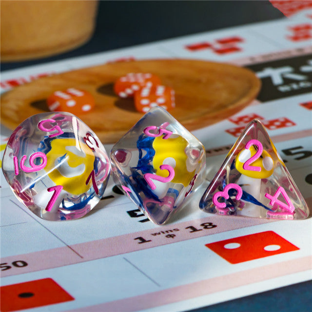 Yellow Mushroom Dice Clear Blue Flower w/Pink Numbers 7-Dice Set Rpg