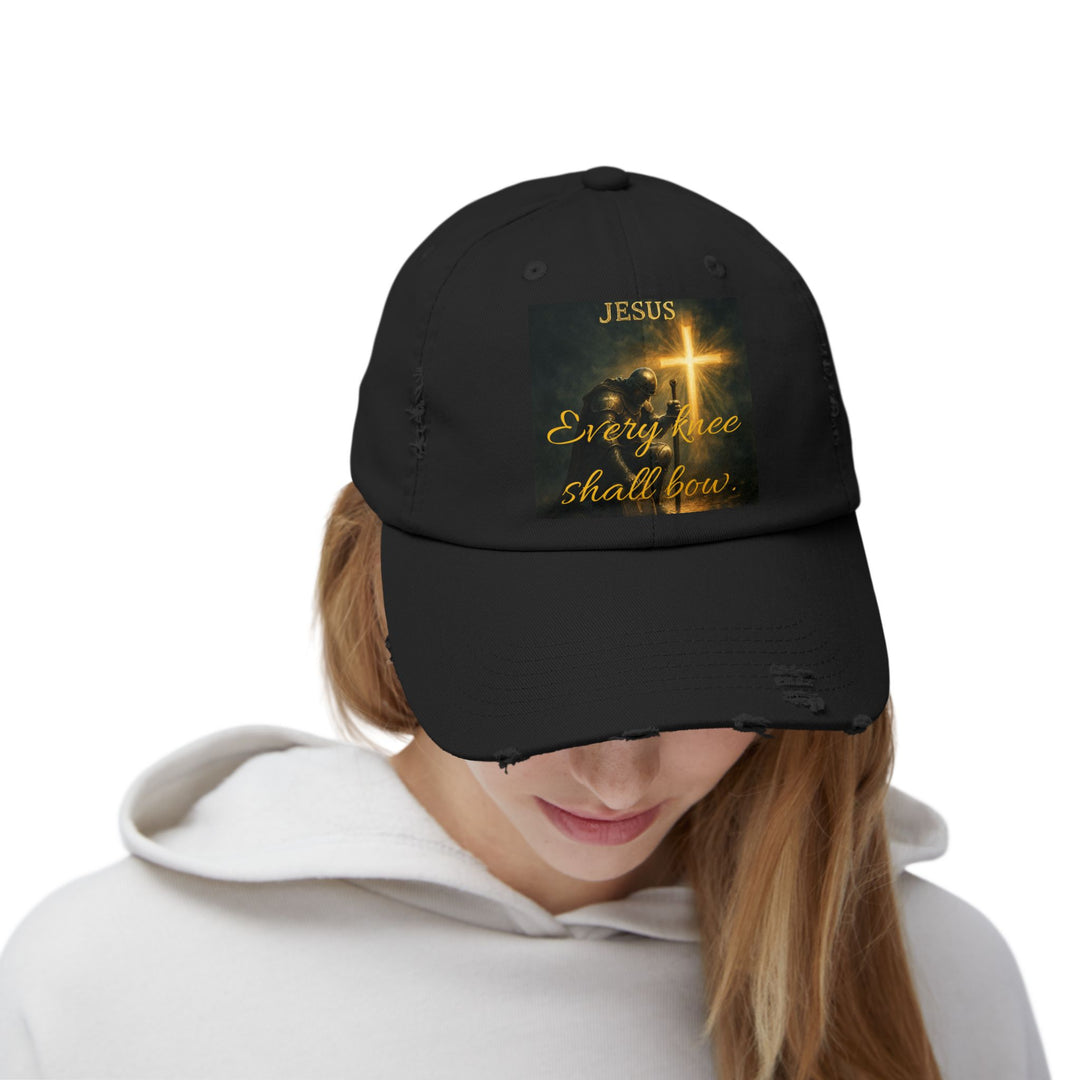 Jesus Cross Distressed Cap — "Every Knee Shall Bow" Christian Hat