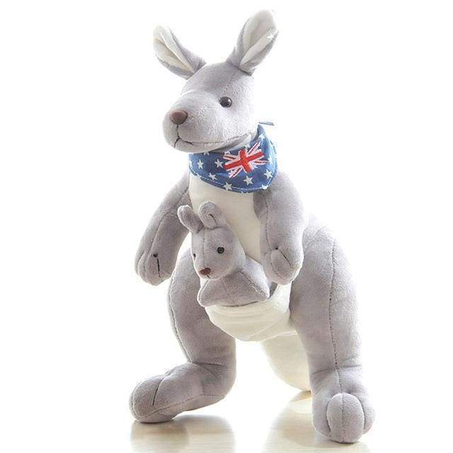 Plush kangaroo toy with baby kangaroo and Australian flag bandana on a white background.