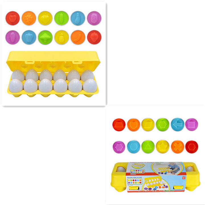Colorful toy buttons in a yellow egg carton with a separate display of buttons.