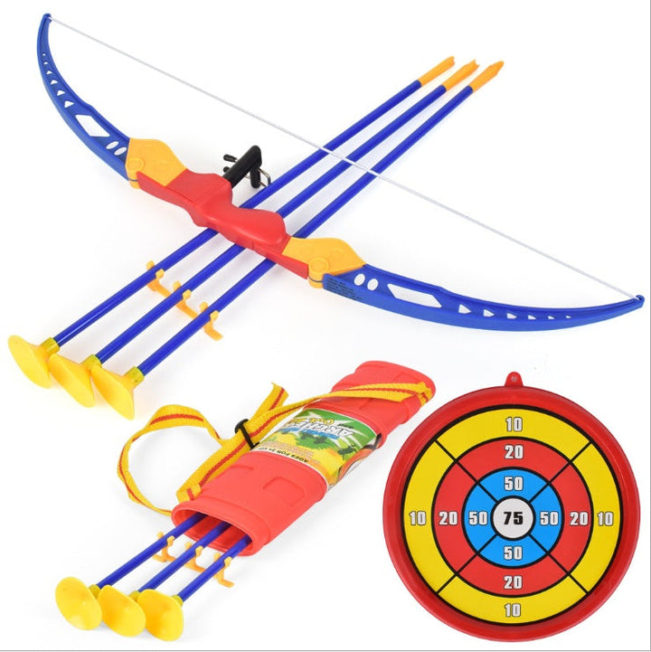 Toy bow and arrow set with a target on a white background.