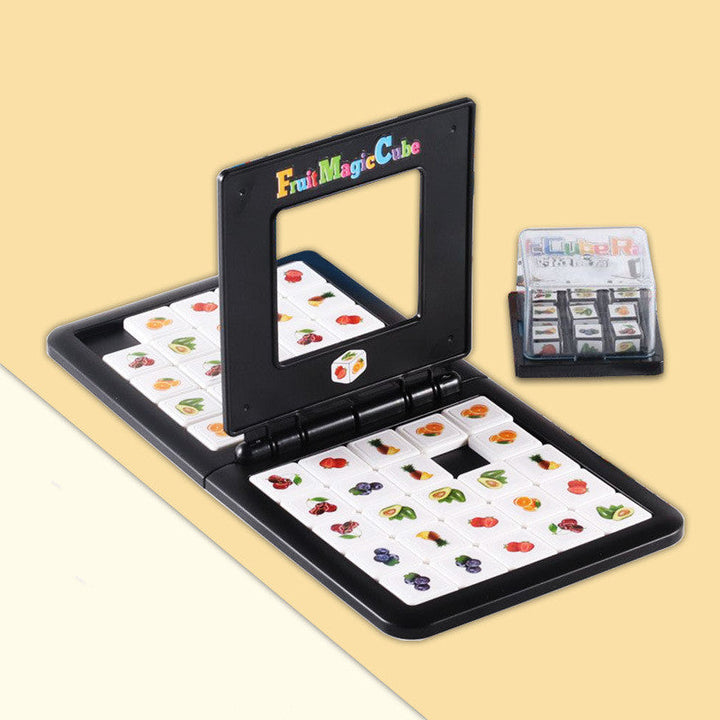 Fruit-themed educational game cube with cards on a beige background.