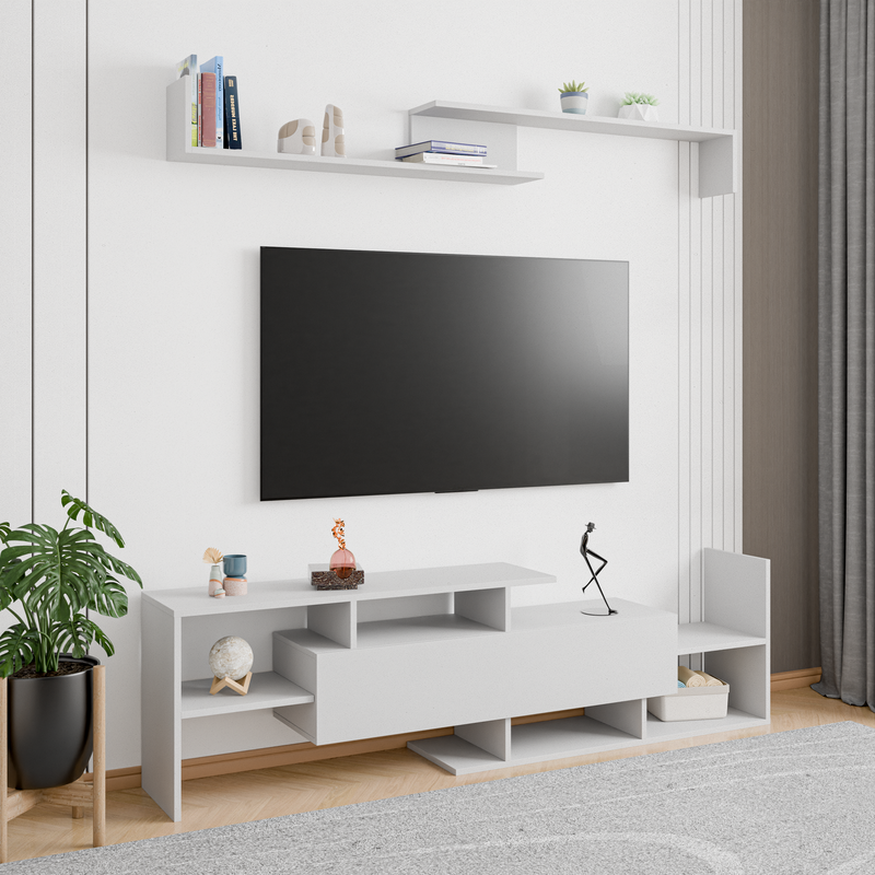 LeisureMod Surrey Modern TV Stand with MDF Shelves and Bookcase in White in Living Room.