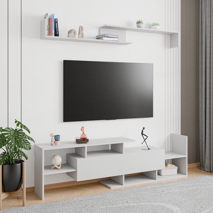 LeisureMod Surrey Modern TV Stand with MDF Shelves and Bookcase in White in Living Room.