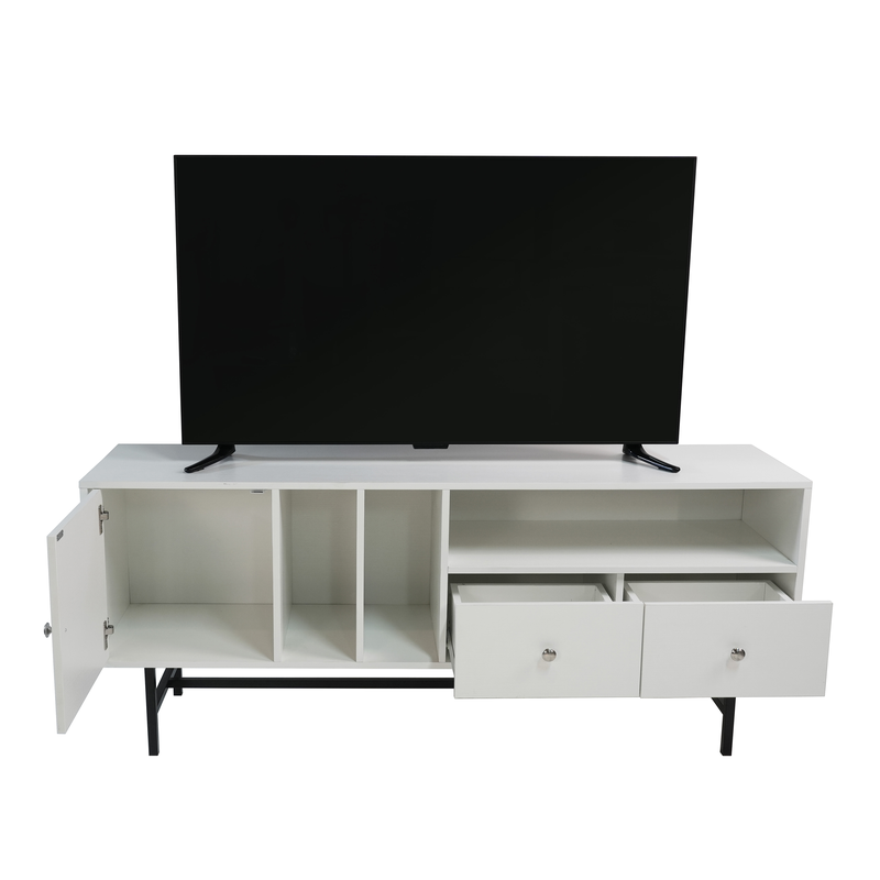 LeisureMod Rochester Modern Rectangular TV Stand with Enclosed Storage and Powder Coated Iron Legs White Opened Drawers.