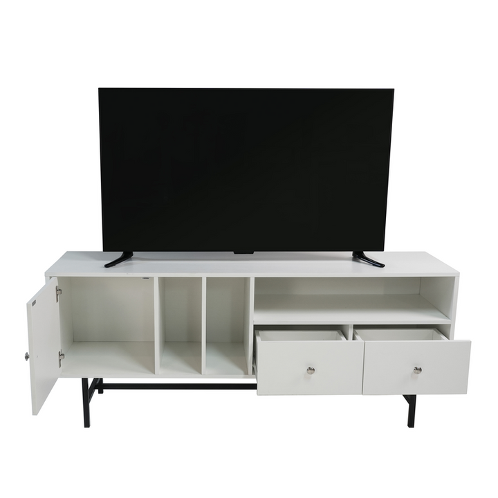 LeisureMod Rochester Modern Rectangular TV Stand with Enclosed Storage and Powder Coated Iron Legs White Opened Drawers.