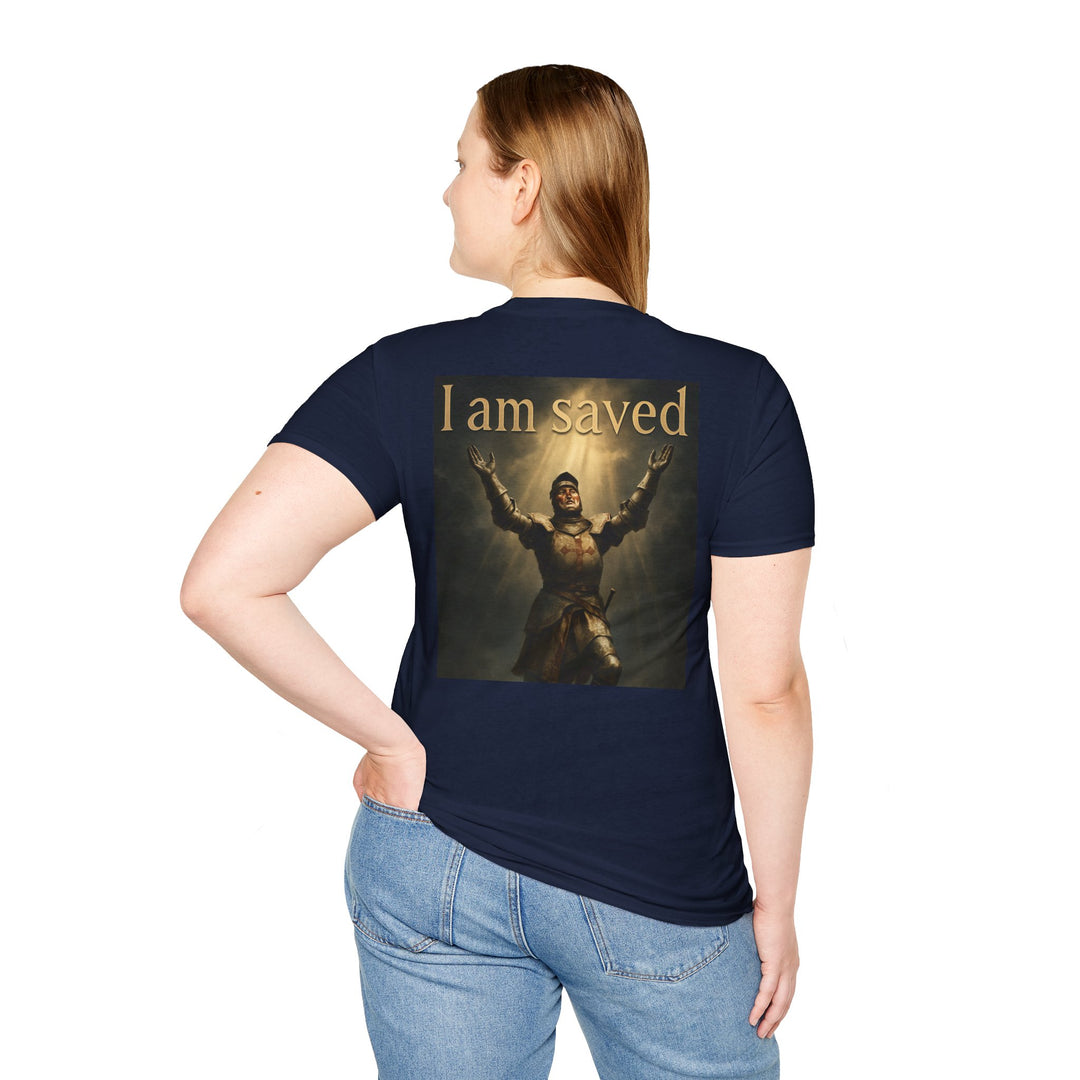 Christian Knight T-Shirt — "Through Christ Jesus" Front and "I Am Saved" Back