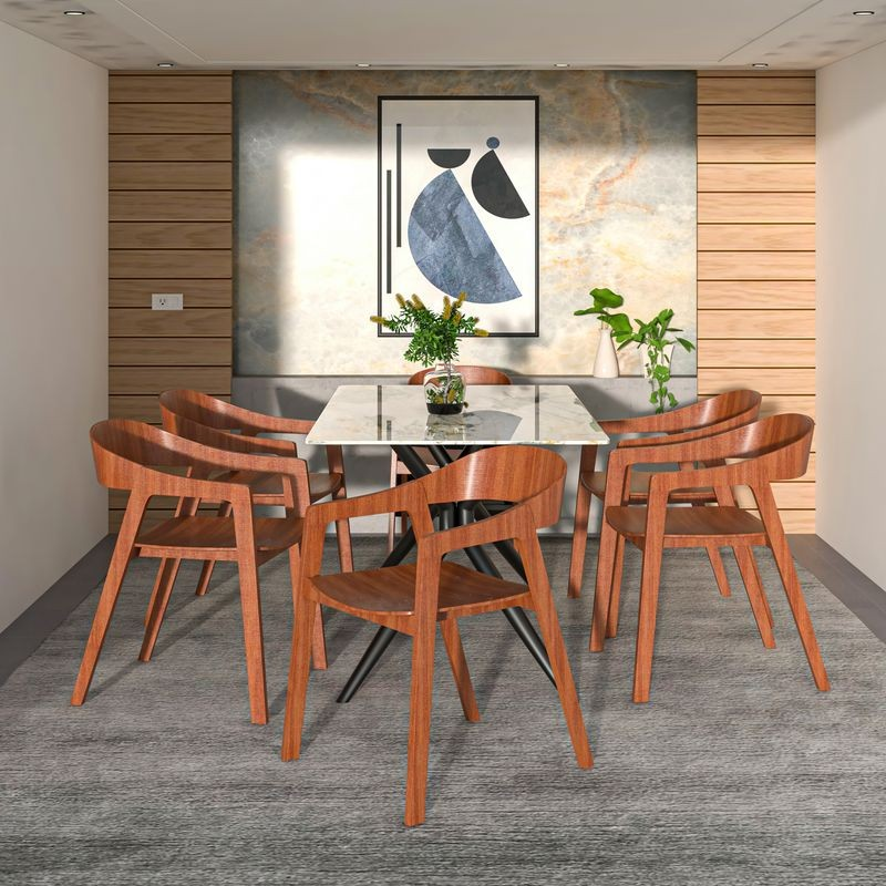 LeisureMod Rivo Collection Elegant Dining Chair in Dark Natural Wood at Table.