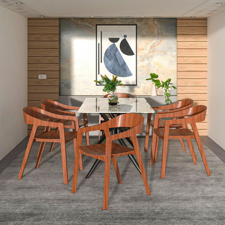 LeisureMod Rivo Collection Elegant Dining Chair in Dark Natural Wood at Table.