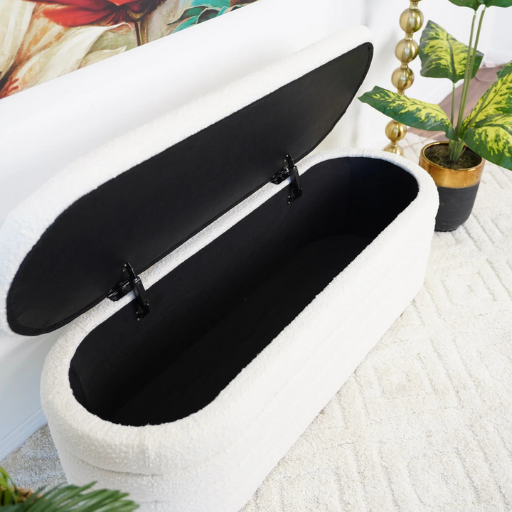 Cabana White Boucle Bench w/Storage Opened.