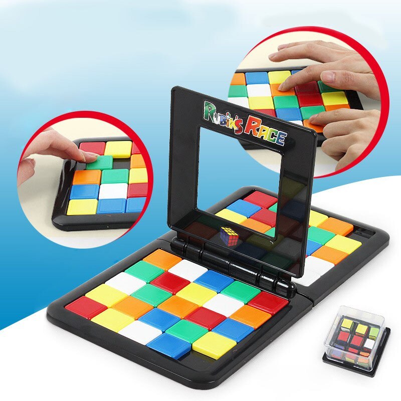 Colorful Rubik's Race puzzle game with a transparent cover on a white surface.