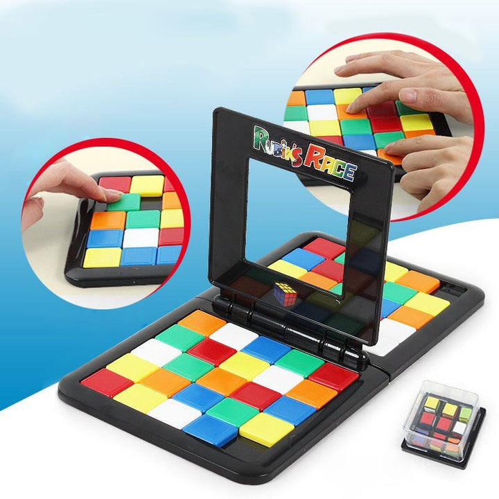 Colorful Rubik's Race puzzle game with a transparent cover on a white surface.
