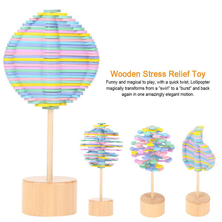 Colorful wooden stress relief toy with pastel striped design on a white background.
