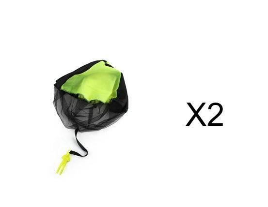 Black mesh parachute with a green item and yellow tag on a white background.
