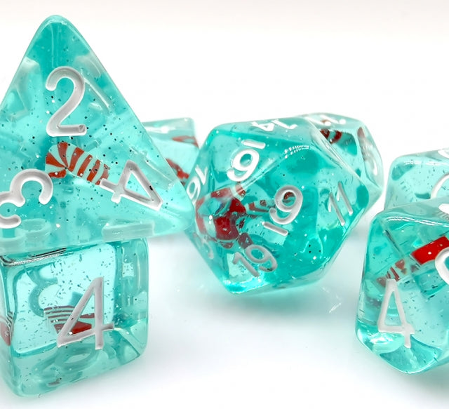 Translucent Teal w/Red & White Stocking Inclusion 7-Dice Set RPG DND