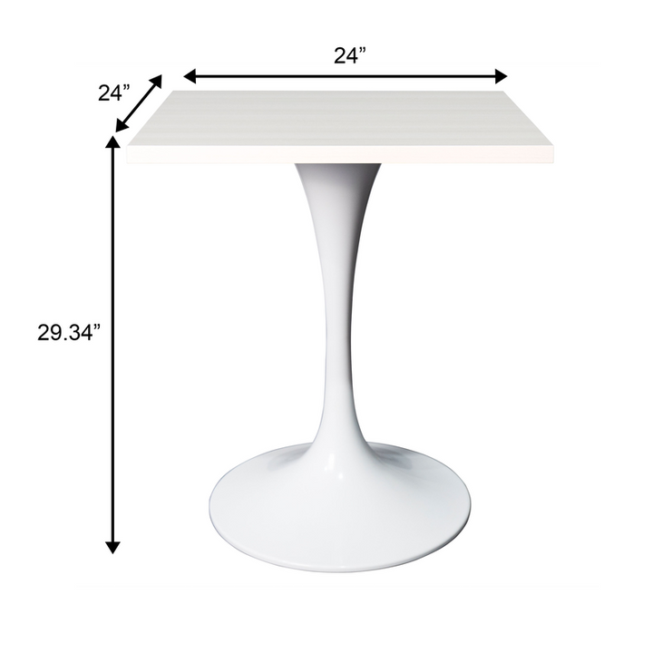 LeisureMod Verve Collection 24 Square Dining Table, White Base with Light Natural Wood MDF Top Dimensions.