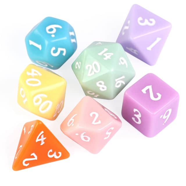 Multi-Color Macaron 7-Dice Set w/White Numbers Pastel Dnd Dice Set