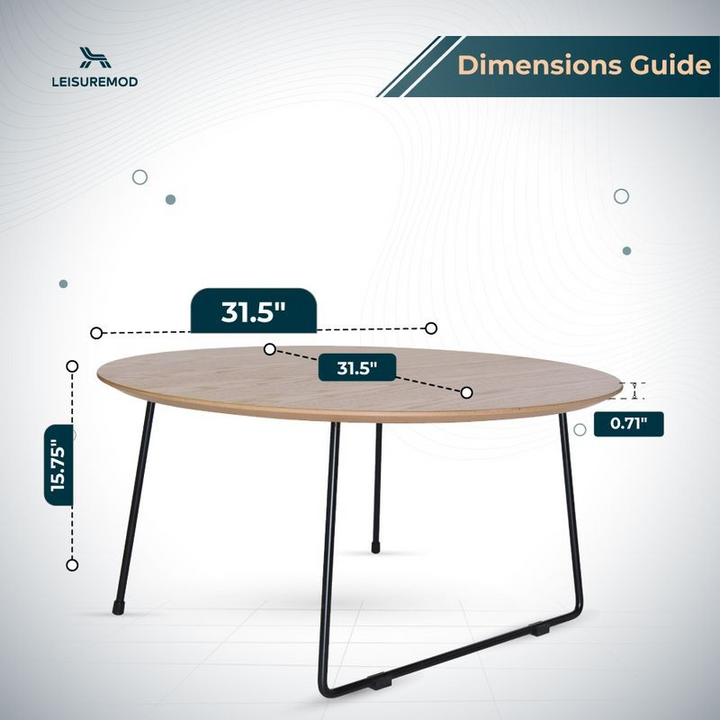 LeisureMod Pemborke Mid Century Modern Round Coffee Table with Wood Top and Powder Coated Iron Frame Accent Table Natural Wood Dimensions.
