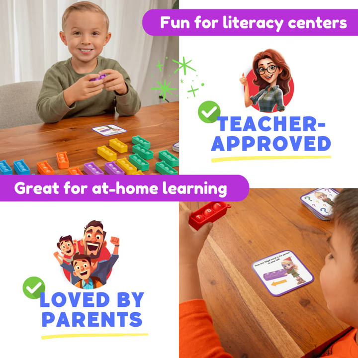 Children playing with educational toys at a table, with text indicating Fun for literacy centers, teacher-approved, great for at-home learning and loved by parents.