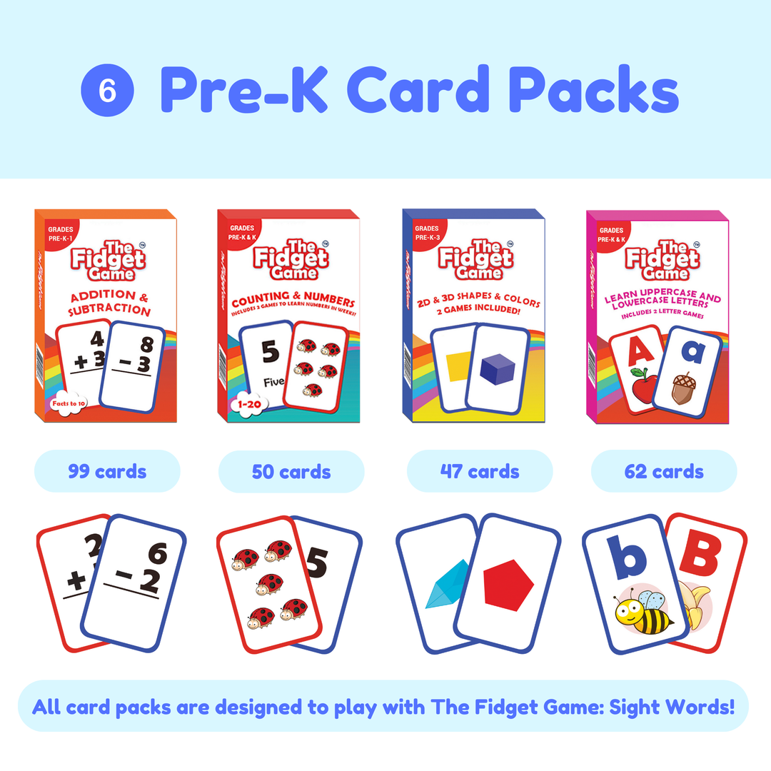 Six Pre-K card packs with colorful designs and text on a blue background.