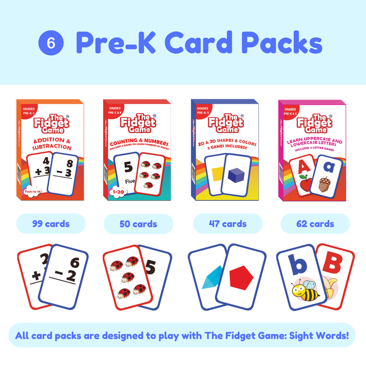 Six Pre-K card packs with colorful designs and text on a blue background.