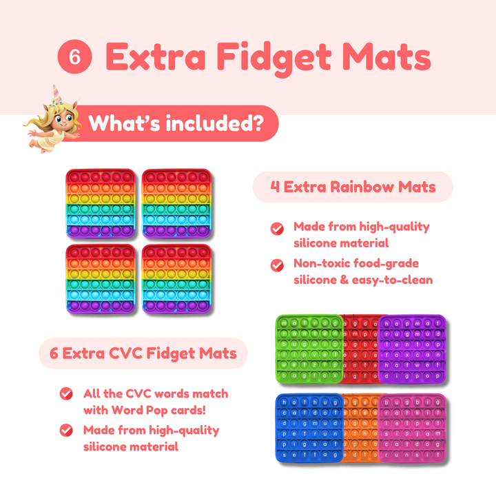 Promotional graphic for fidget mats with rainbow and CVC themed designs on a white background.