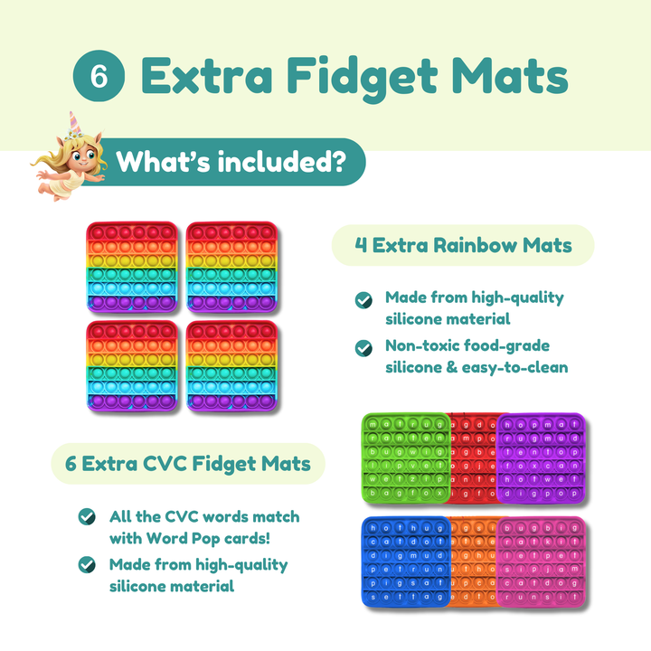 Promotional graphic for fidget mats with colorful designs and text about materials and features.