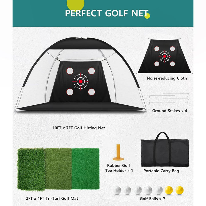 10x7FT Golf Practice Net with Mat and Target – Backyard Driving and Chipping Aid
