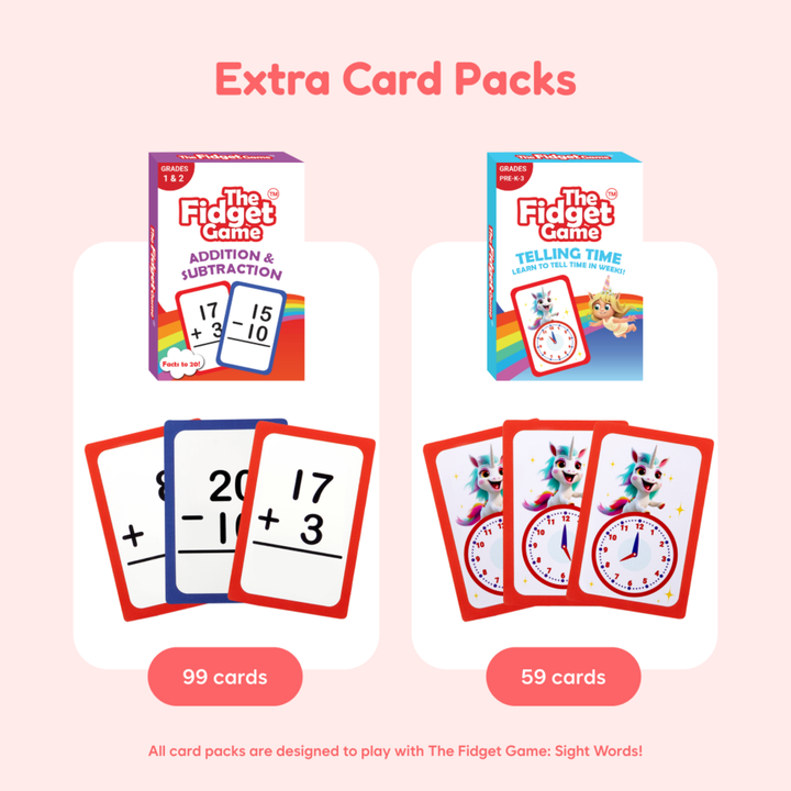 Extra card packs for The Fidget Game on a pink background.