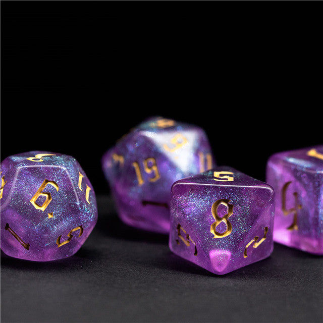 Purple Glitter Party Glitter Dice (Gold font) 7-Dice Set RPG DND